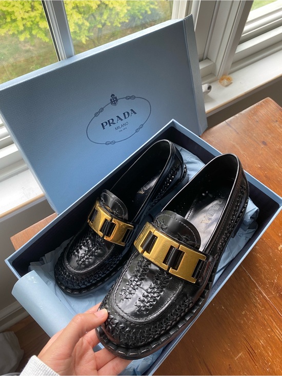 Prada Shoes - Prada Black Woven Leather Loafers with Gold Hardware